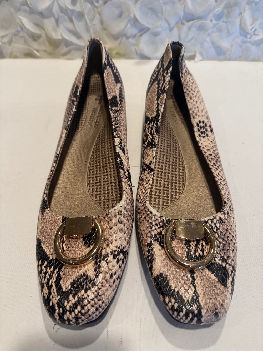 BareTraps Beige and Black Snake-Print Ballet Flats with Gold Ring